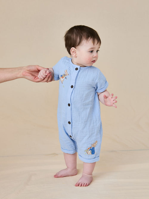 JoJo Maman Bébé Blue Peter Rabbit™ Cheesecloth Button Front 100% Cotton Romper image 1