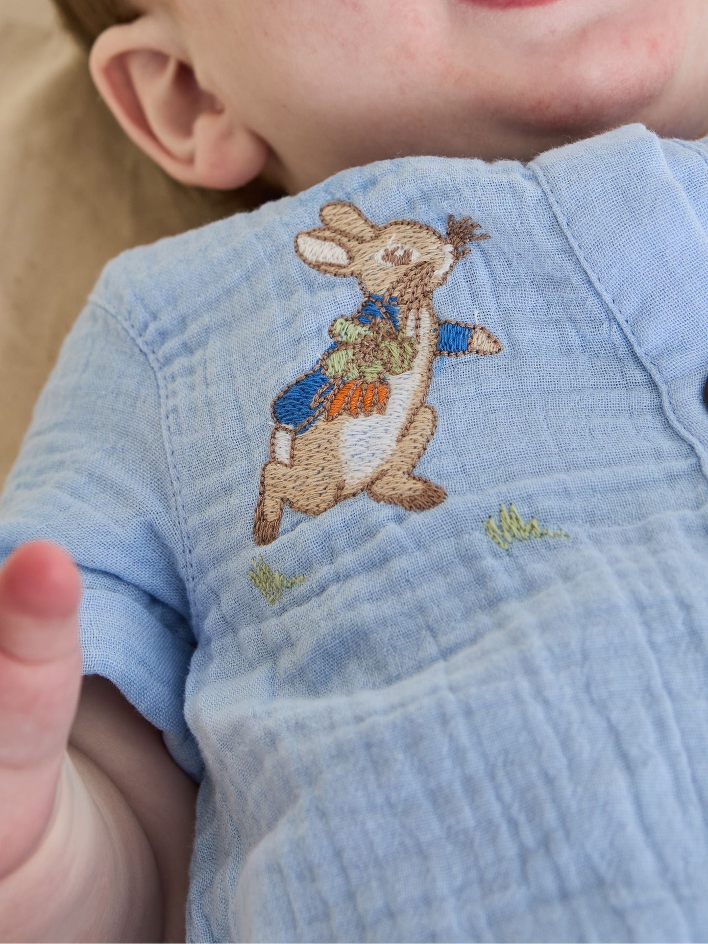 JoJo Maman Bébé Blue Peter Rabbit™ Cheesecloth Button Front 100% Cotton Romper image 3