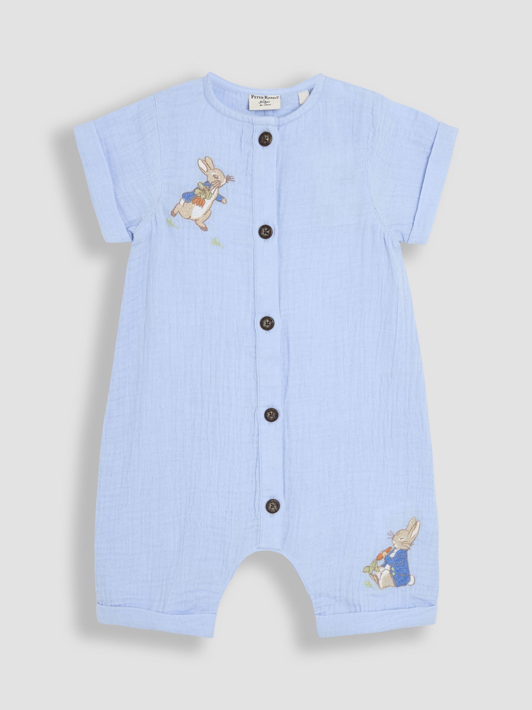 JoJo Maman Bébé Blue Peter Rabbit™ Cheesecloth Button Front 100% Cotton Romper image 4