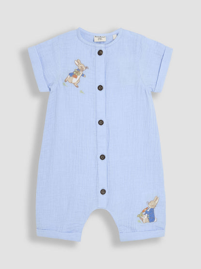 JoJo Maman Bébé Blue Peter Rabbit™ Cheesecloth Button Front 100% Cotton Romper image 4