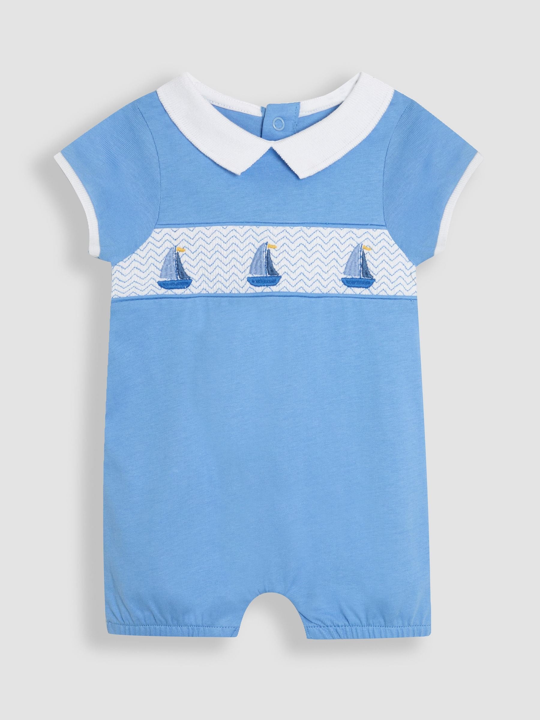 JoJo Maman Bébé Blue Boat Nautical Embroidered Smocked 100% Cotton Romper image 1