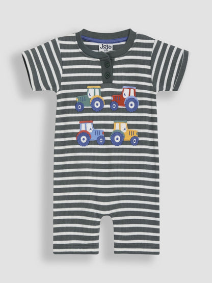 JoJo Maman Bébé Khaki Green Tractor Appliqué Rib Romper image 1