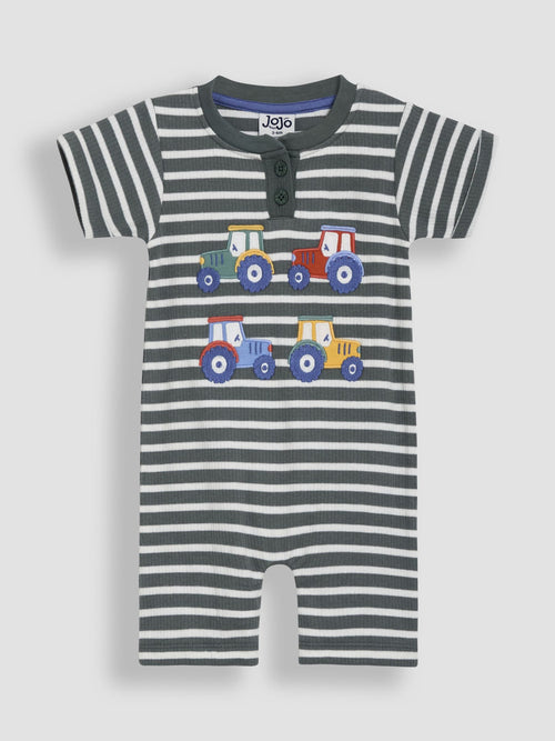 JoJo Maman Bébé Khaki Green Tractor Appliqué Rib Romper image 1