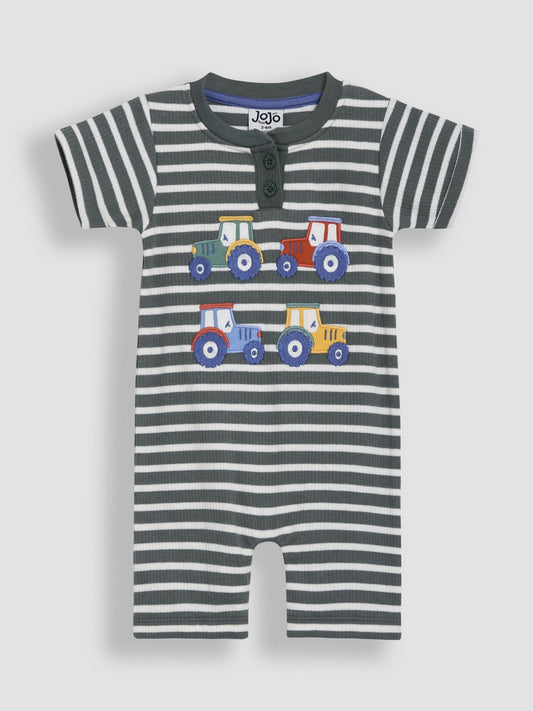 JoJo Maman Bébé Khaki Green Tractor Appliqué Rib Romper image 1