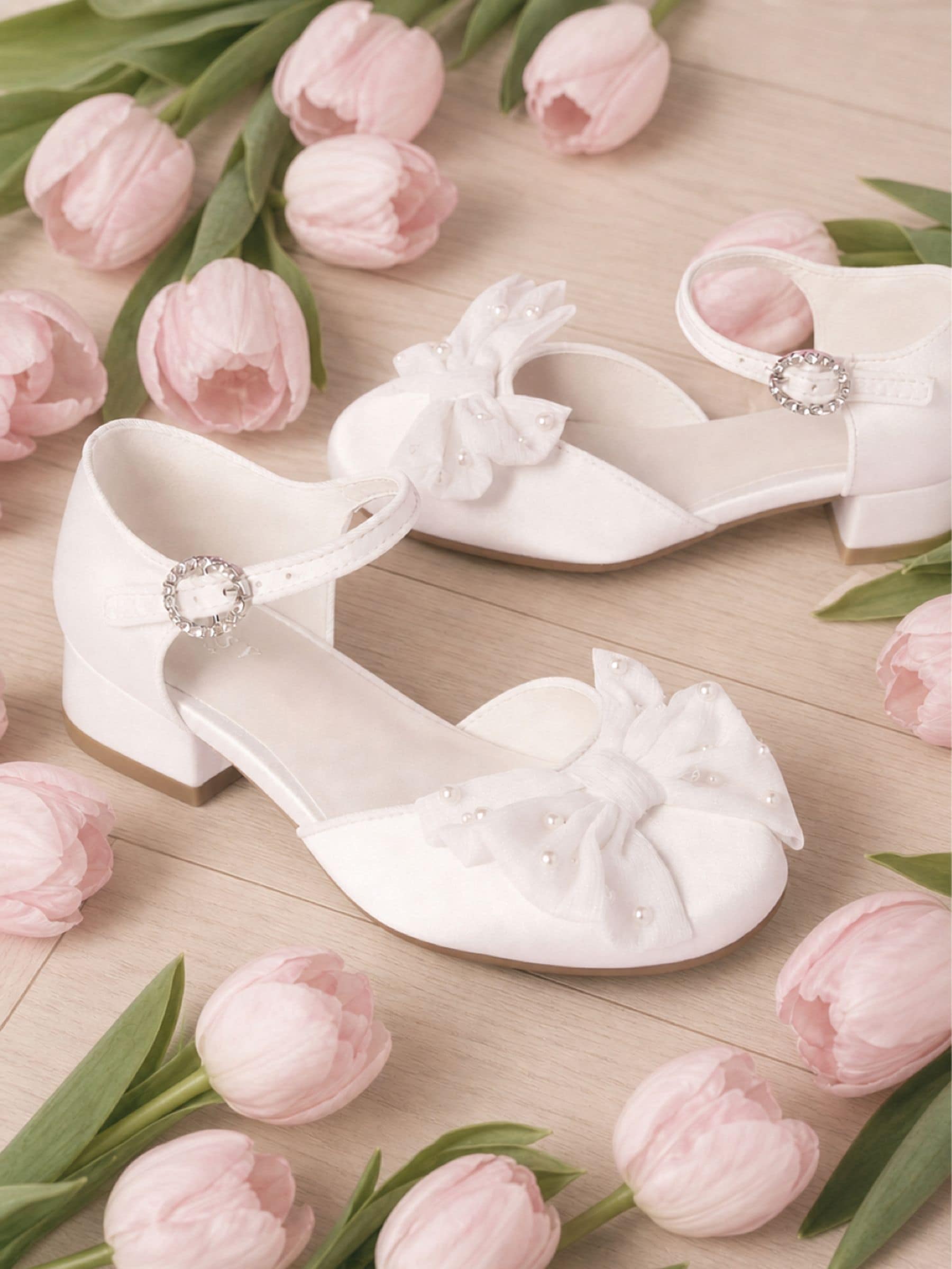Lipsy White Standard Fit (F) Low Block Heel Pearl Bow Occasion Flower Heeled Sandals image 1