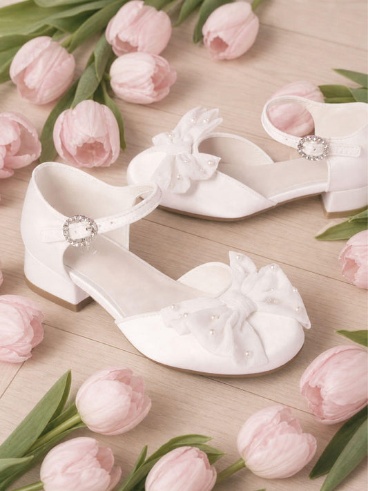 Dsiney Kidz - Lipsy White Standard Fit (F) Low Block Heel Pearl Bow Occasion Flower Heeled Sandals image 1