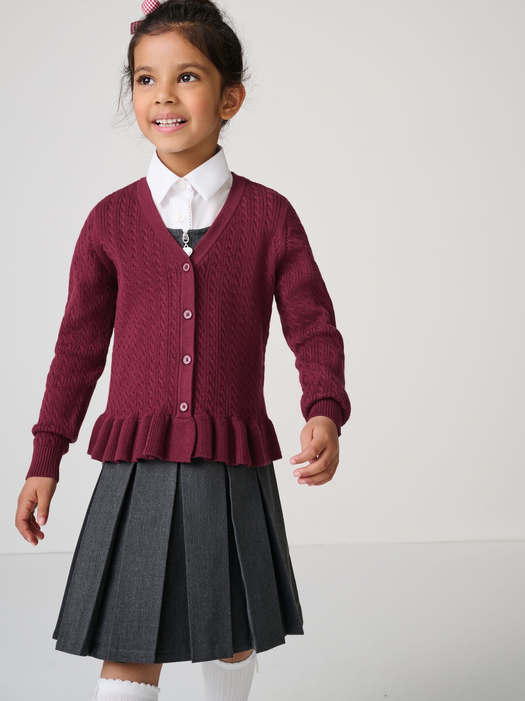 Dsiney Kidz - Clarks Burgundy Red Cable Knit Frill School Cardigan image 1