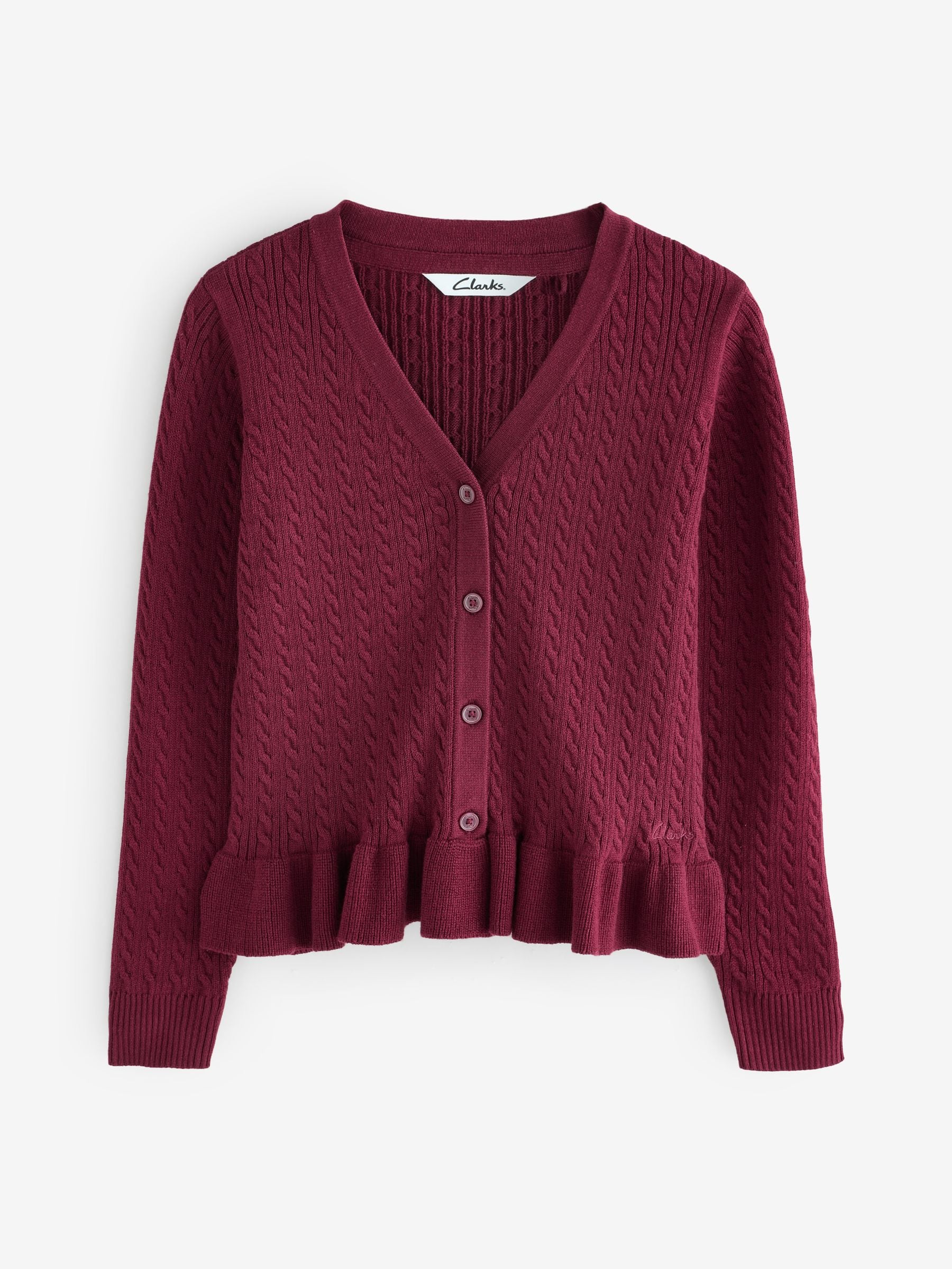 Dsiney Kidz - Clarks Burgundy Red Cable Knit Frill School Cardigan image 10