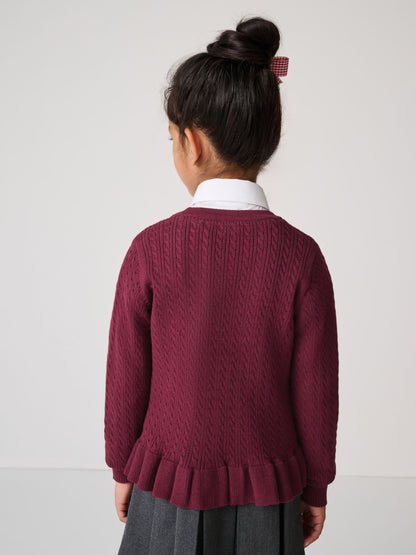 Dsiney Kidz - Clarks Burgundy Red Cable Knit Frill School Cardigan image 2