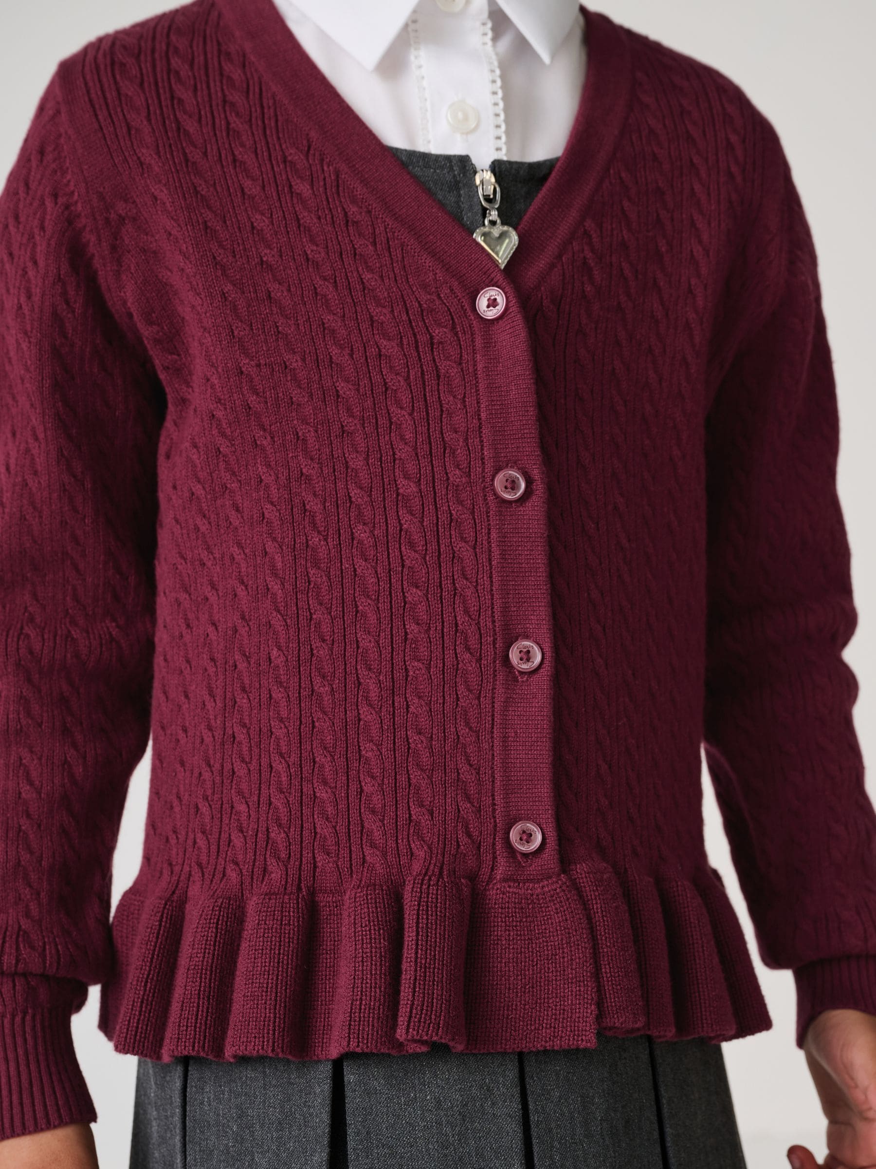 Dsiney Kidz - Clarks Burgundy Red Cable Knit Frill School Cardigan image 4