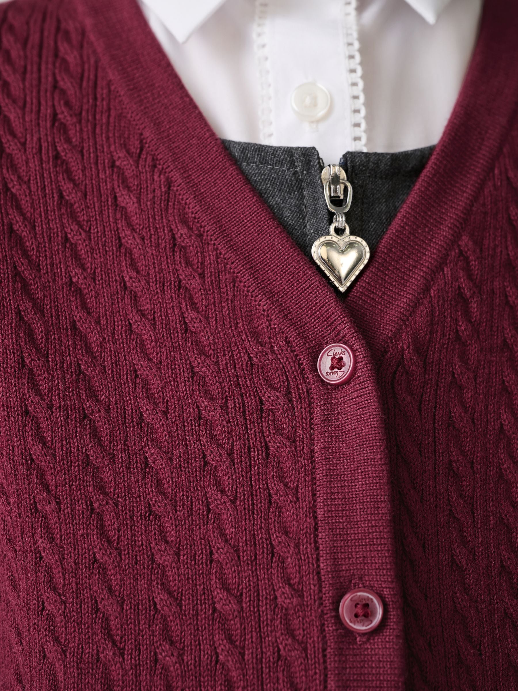 Dsiney Kidz - Clarks Burgundy Red Cable Knit Frill School Cardigan image 8