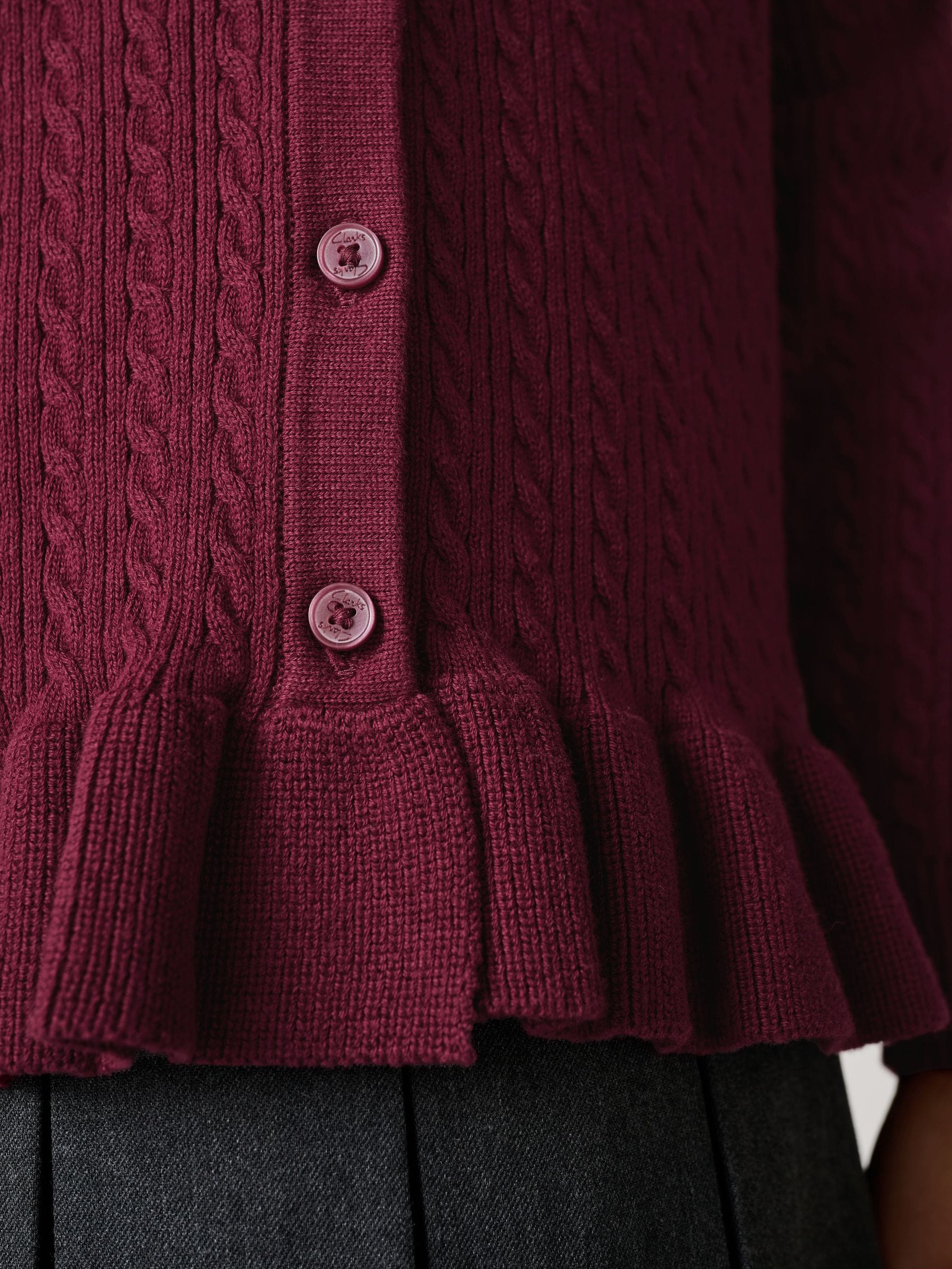 Dsiney Kidz - Clarks Burgundy Red Cable Knit Frill School Cardigan image 9