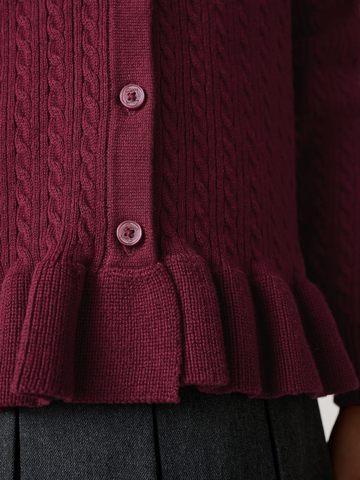 Dsiney Kidz - Clarks Burgundy Red Cable Knit Frill School Cardigan image 9
