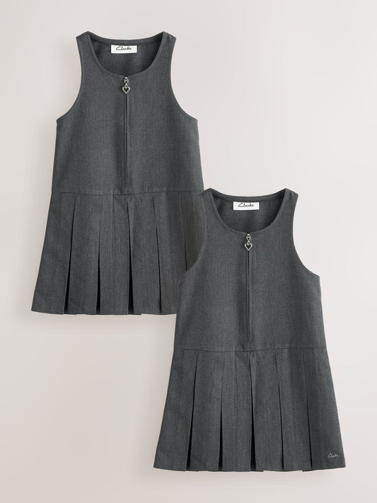 Dsiney Kidz - Clarks Grey Girls Zip Front Pleated School Pinafores Dresses 2 Pack image 1