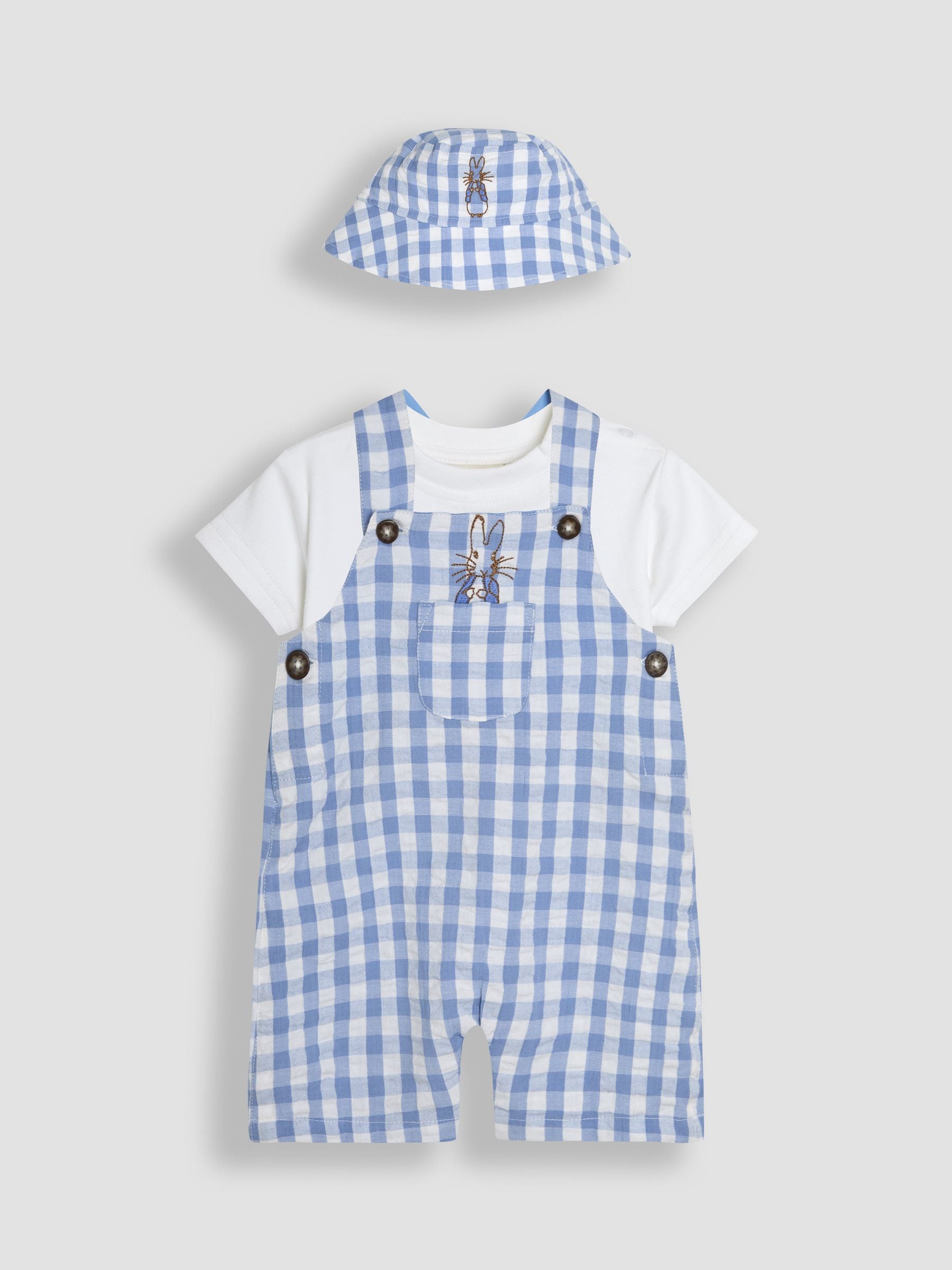 JoJo Maman Bébé Blue 3-Piece Peter Rabbit™ Gingham Dungarees & Body Set image 1