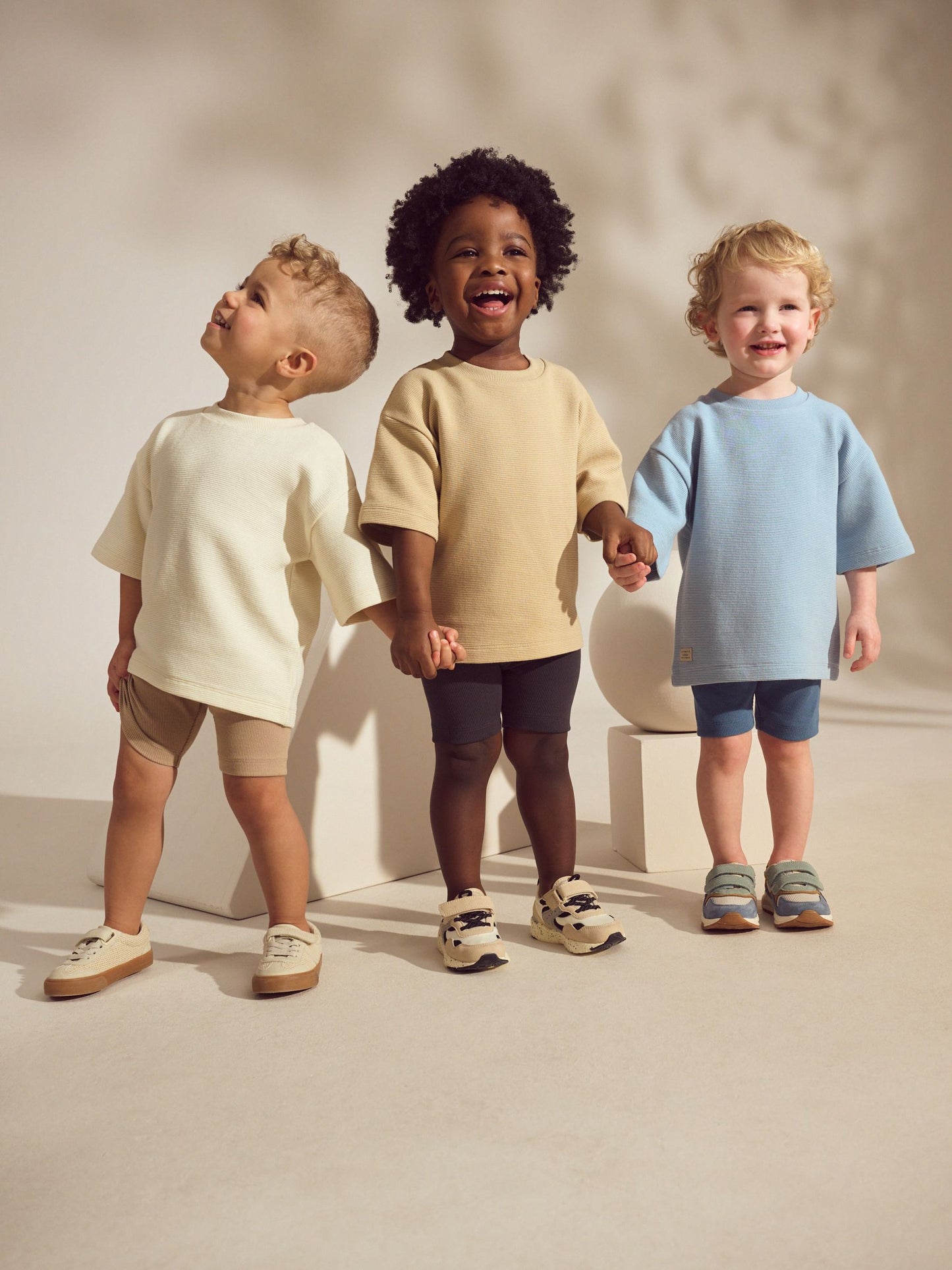 Multi Neutral Short Sleeve Textured T-Shirts & Cycling Shorts 3 Pack (3mths-7yrs) image 1