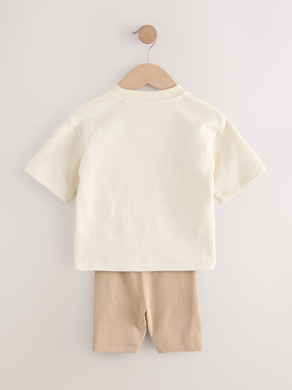 Multi Neutral Short Sleeve Textured T-Shirts & Cycling Shorts 3 Pack (3mths-7yrs) image 3
