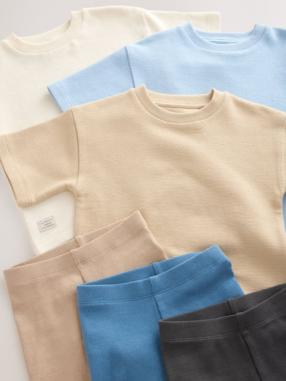 Multi Neutral Short Sleeve Textured T-Shirts & Cycling Shorts 3 Pack (3mths-7yrs) image 4