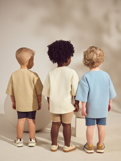Multi Neutral Short Sleeve Textured T-Shirts & Cycling Shorts 3 Pack (3mths-7yrs) image 7