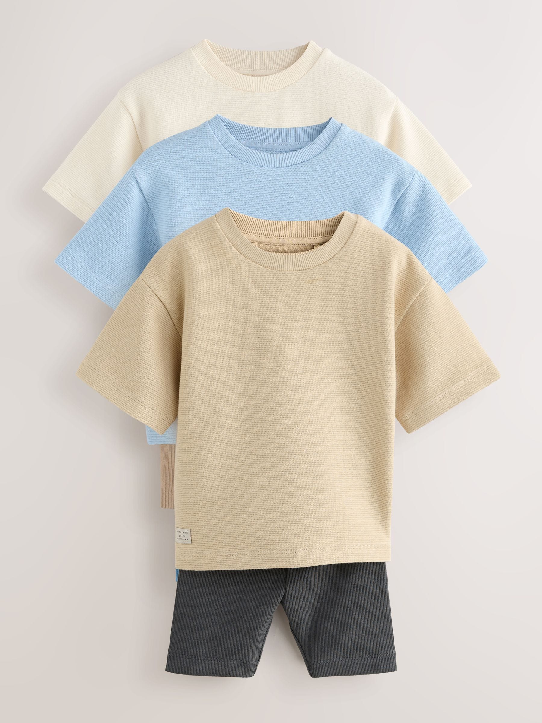 Multi Neutral Short Sleeve Textured T-Shirts & Cycling Shorts 3 Pack (3mths-7yrs) image 8