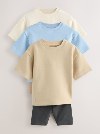 Multi Neutral Short Sleeve Textured T-Shirts & Cycling Shorts 3 Pack (3mths-7yrs) image 8