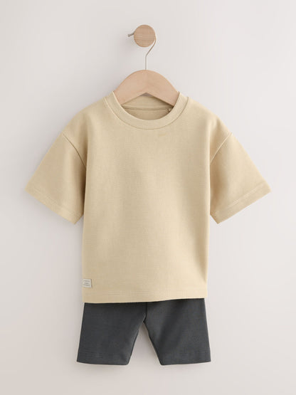 Multi Neutral Short Sleeve Textured T-Shirts & Cycling Shorts 3 Pack (3mths-7yrs) image 9