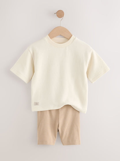 Multi Neutral Short Sleeve Textured T-Shirts & Cycling Shorts 3 Pack (3mths-7yrs) image 9