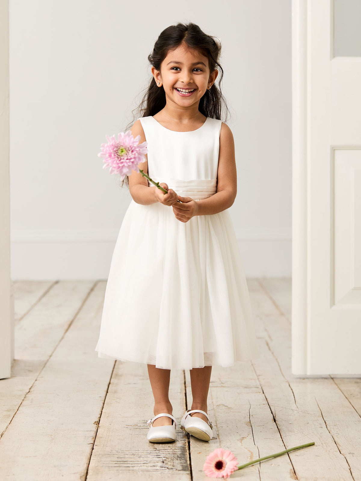 JoJo Maman Bébé Cream Girl Satin Flower Dress With Satin Sash - image 1
