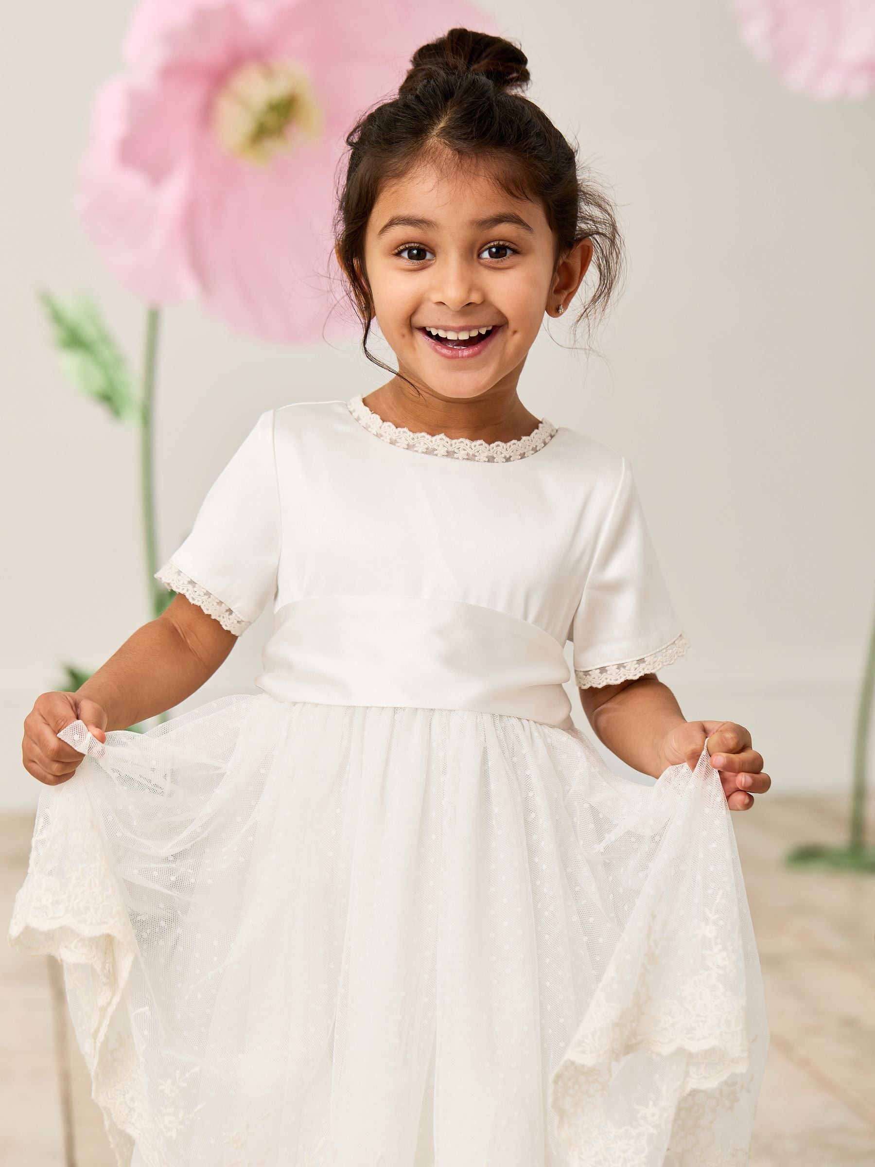 JoJo Maman Bébé Cream Embroidered Lace Flower Girl Dress With Satin Sash image 4
