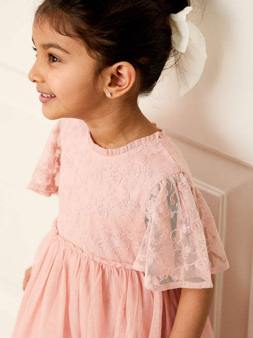 Dsiney Kidz - JoJo Maman Bébé Pink Embroidered Lace Scallop Sleeve Flower Print Girl Dress image 1