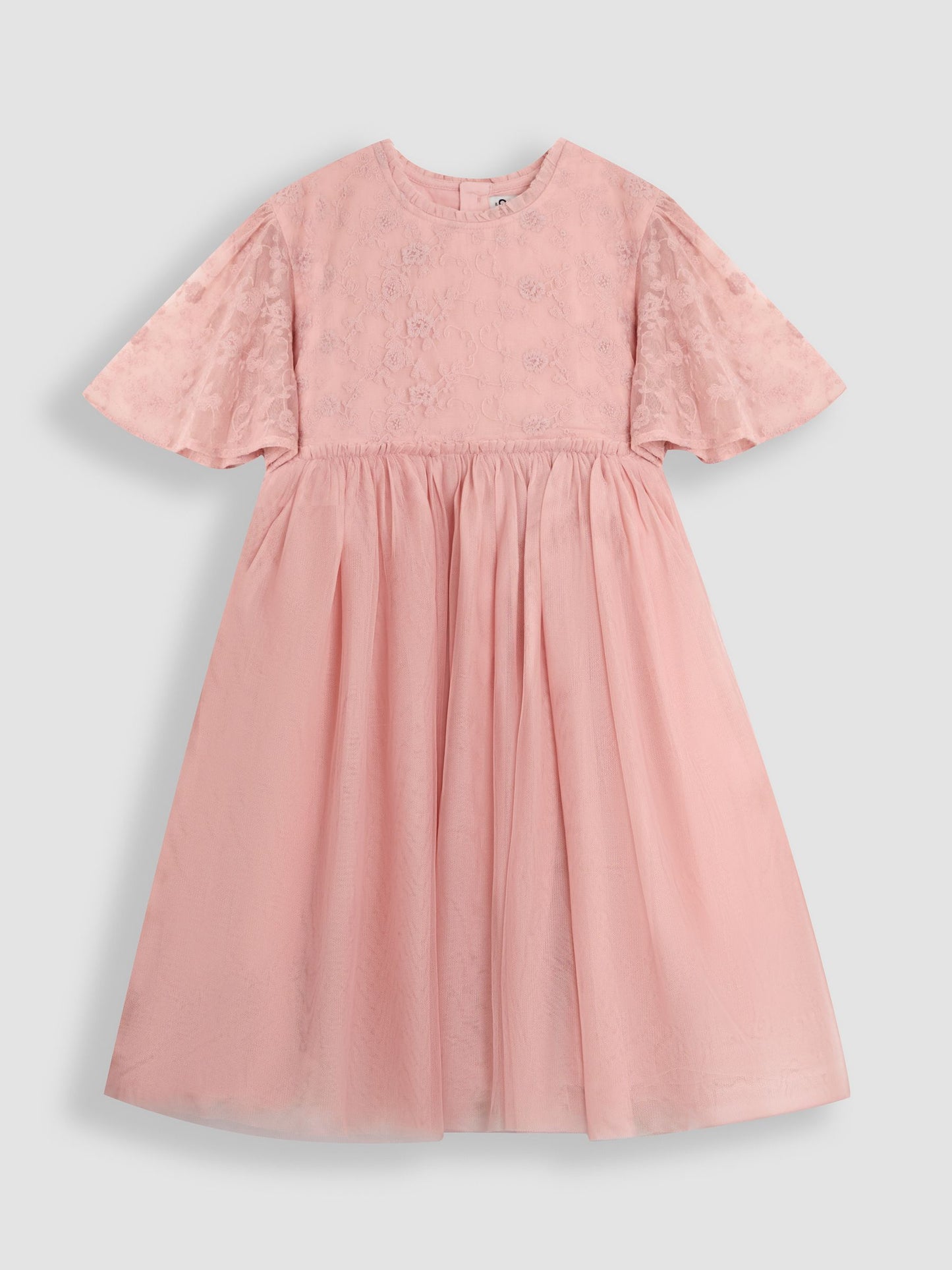 JoJo Maman Bébé Pink Embroidered Lace Scallop Sleeve Flower Print Girl Dress image 2