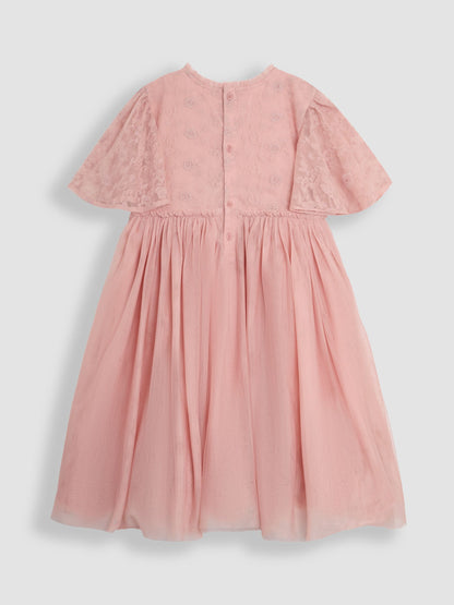 JoJo Maman Bébé Pink Embroidered Lace Scallop Sleeve Flower Print Girl Dress image 3
