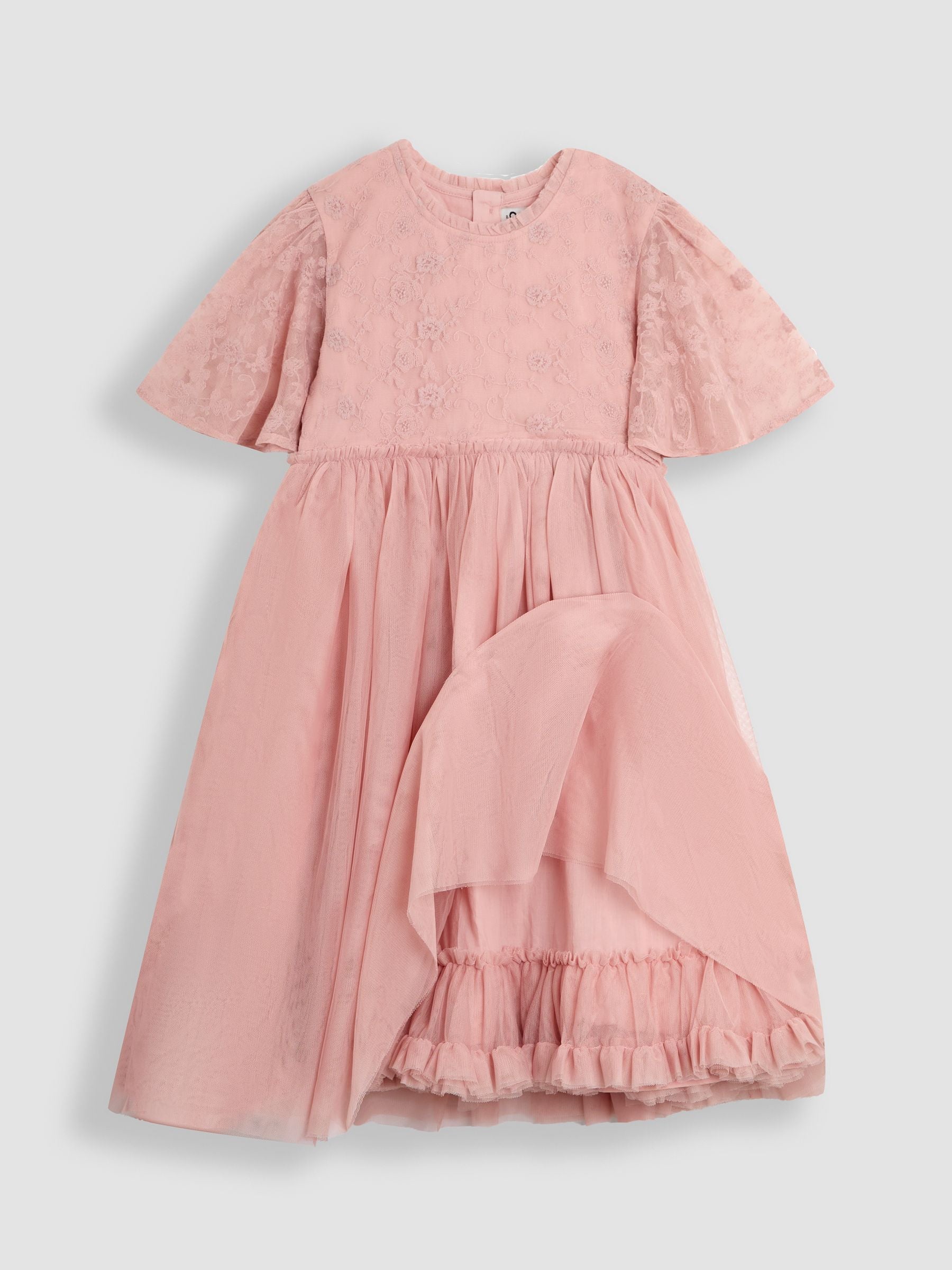 JoJo Maman Bébé Pink Embroidered Lace Scallop Sleeve Flower Print Girl Dress image 4