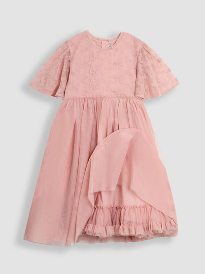 JoJo Maman Bébé Pink Embroidered Lace Scallop Sleeve Flower Print Girl Dress image 4