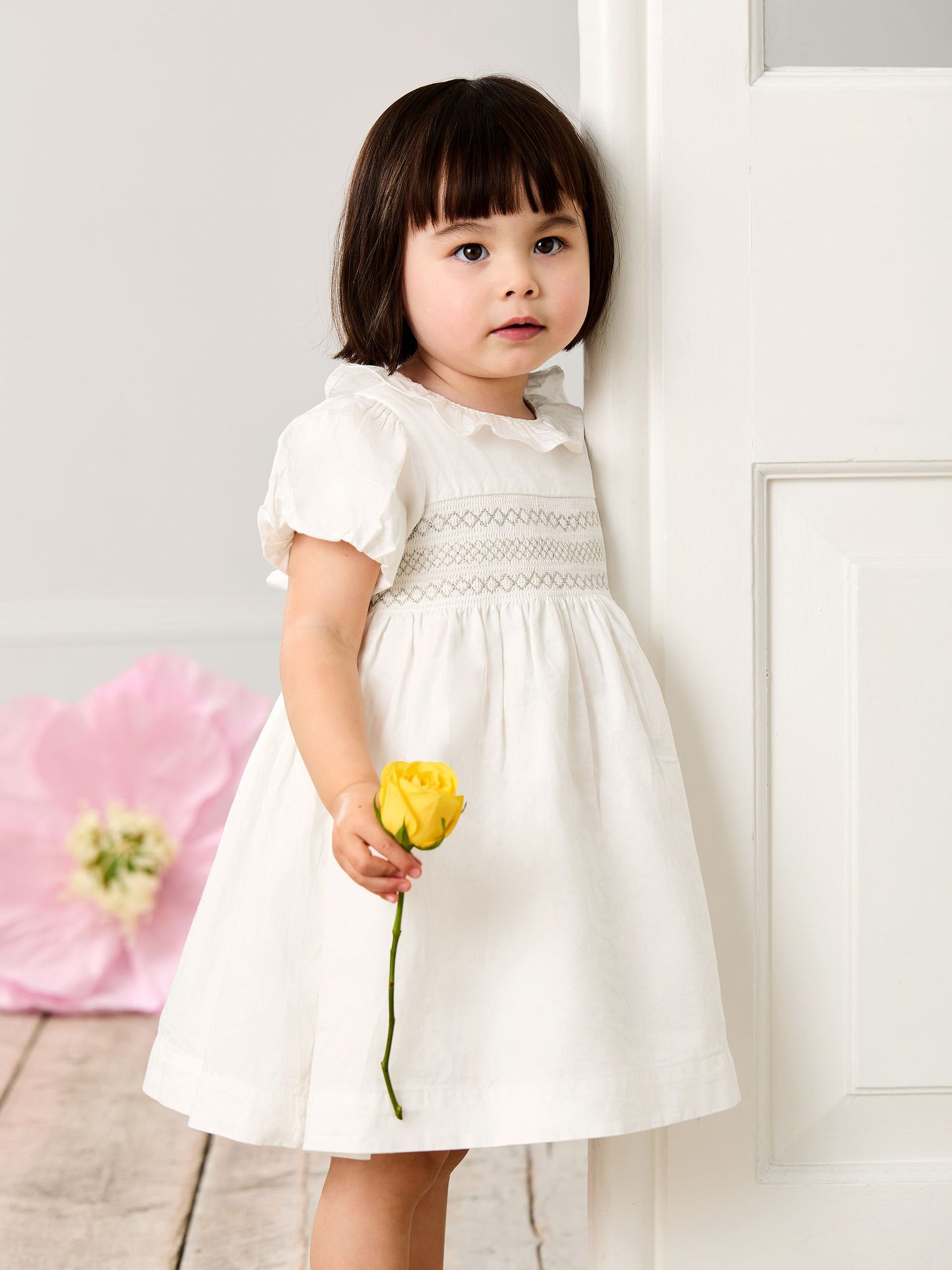 JoJo Maman Bébé Cream Smocked Puff Sleeve Cotton Satin Flower Girl Dress image 1