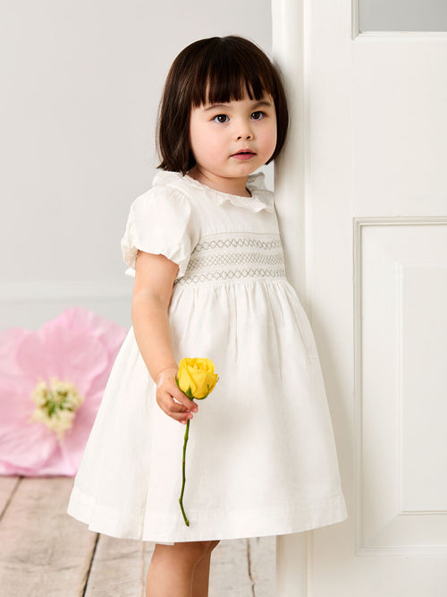 JoJo Maman Bébé Cream Smocked Puff Sleeve Cotton Satin Flower Girl Dress image 1