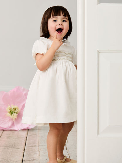 JoJo Maman Bébé Cream Smocked Puff Sleeve Cotton Satin Flower Girl Dress image 2