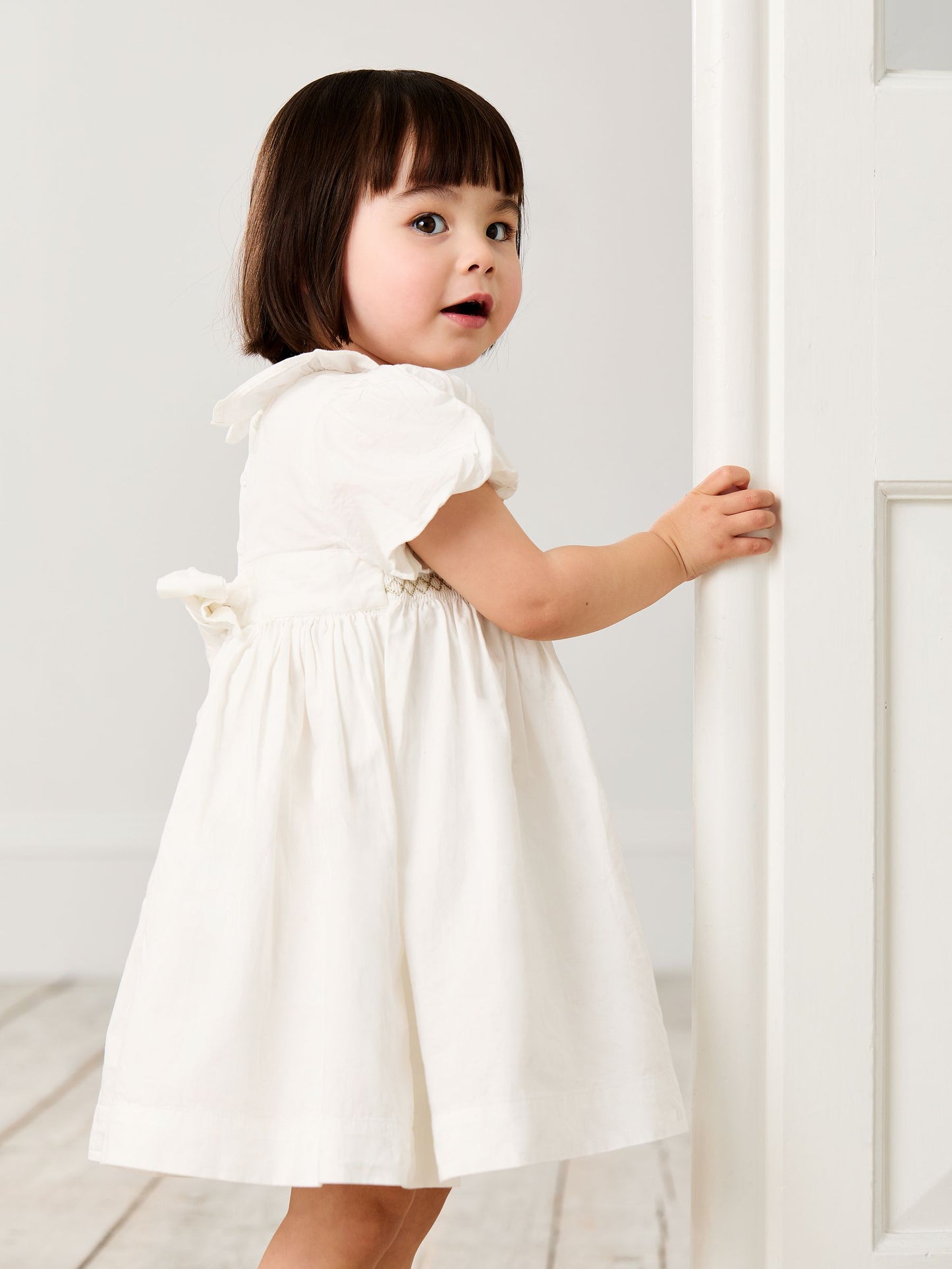 JoJo Maman Bébé Cream Smocked Puff Sleeve Cotton Satin Flower Girl Dress image 3