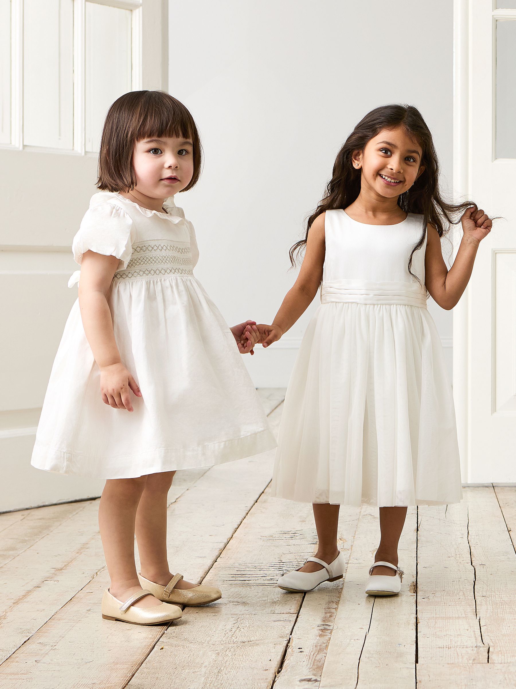 JoJo Maman Bébé Cream Smocked Puff Sleeve Cotton Satin Flower Girl Dress image 4