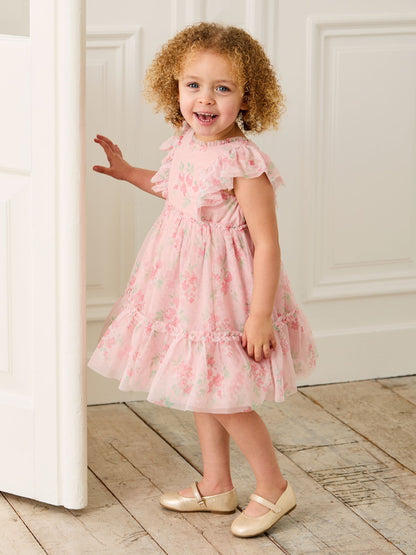 Dsiney Kidz - JoJo Maman Bébé Pink Floral Floral Ruffle Shoulder Tiered Tulle Dress image 1