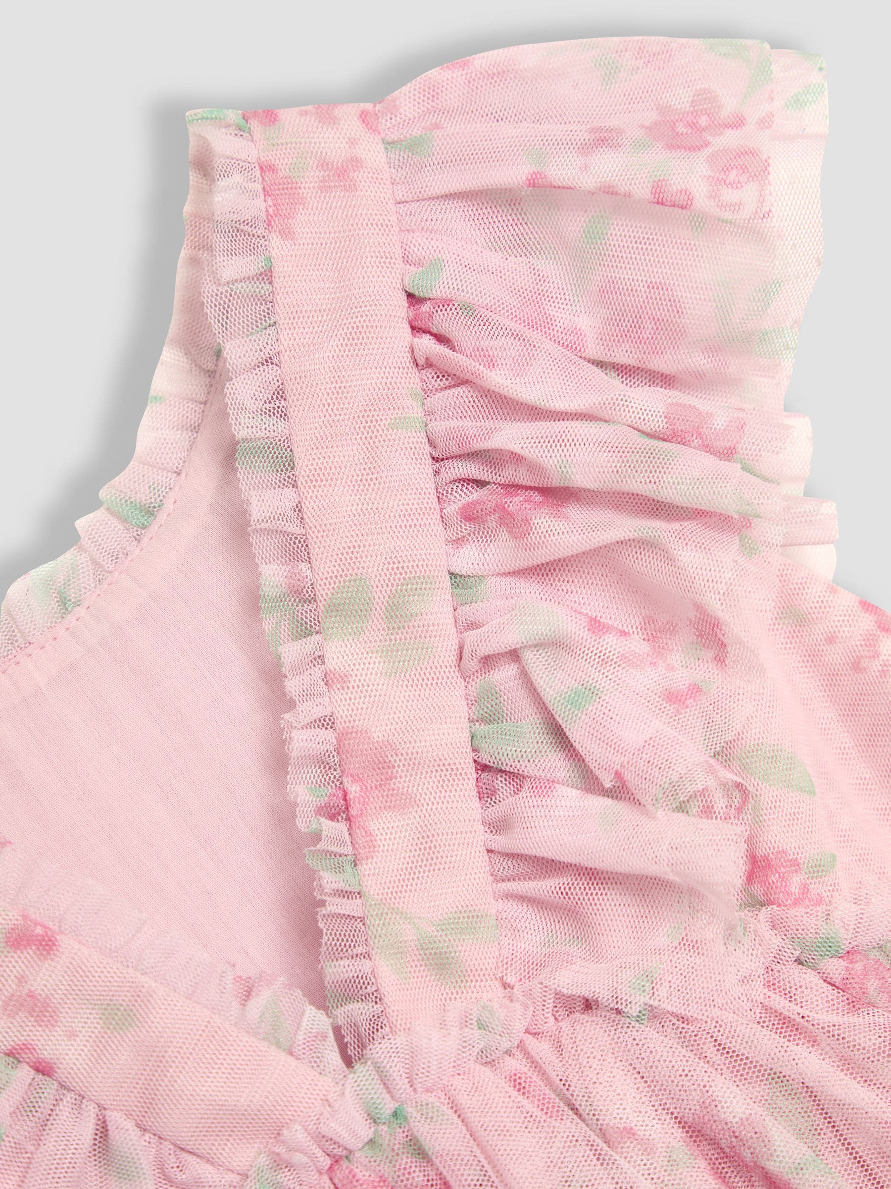Dsiney Kidz - JoJo Maman Bébé Pink Floral Floral Ruffle Shoulder Tiered Tulle Dress image 10