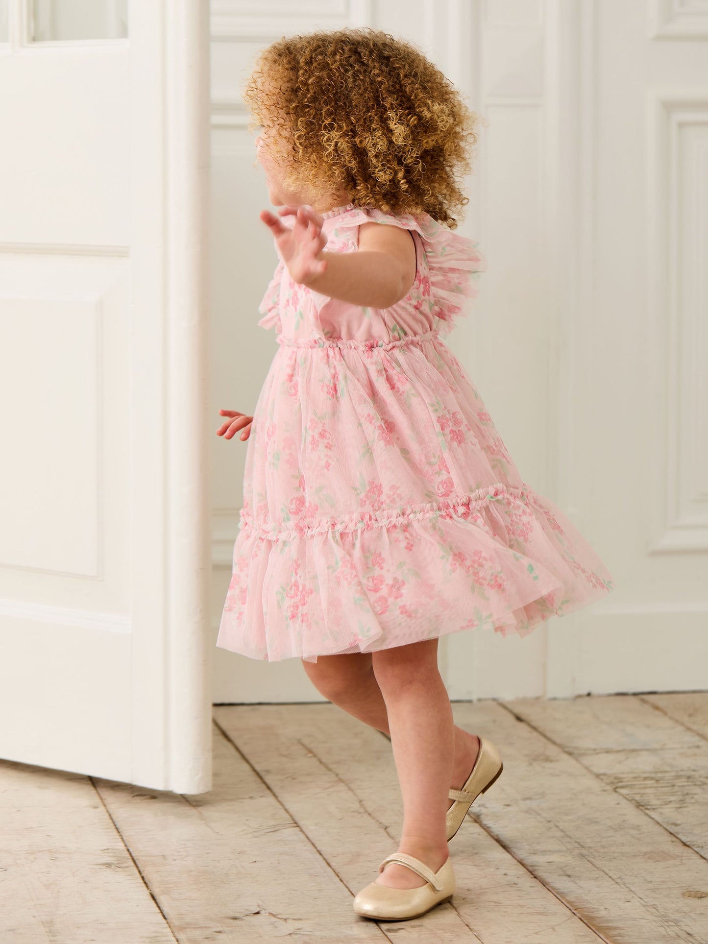 Dsiney Kidz - JoJo Maman Bébé Pink Floral Floral Ruffle Shoulder Tiered Tulle Dress image 2
