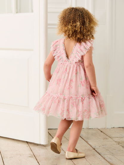 Dsiney Kidz - JoJo Maman Bébé Pink Floral Floral Ruffle Shoulder Tiered Tulle Dress image 3