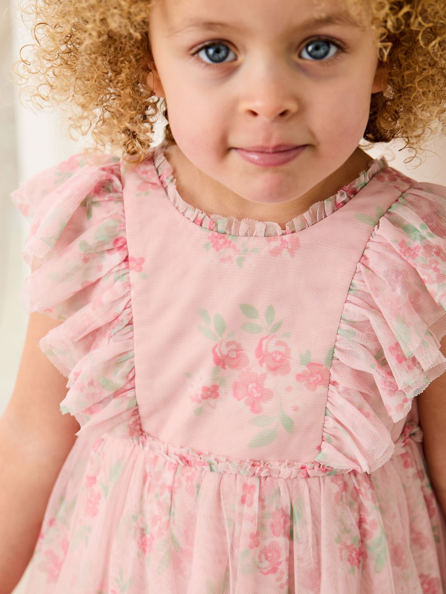 Dsiney Kidz - JoJo Maman Bébé Pink Floral Floral Ruffle Shoulder Tiered Tulle Dress image 4