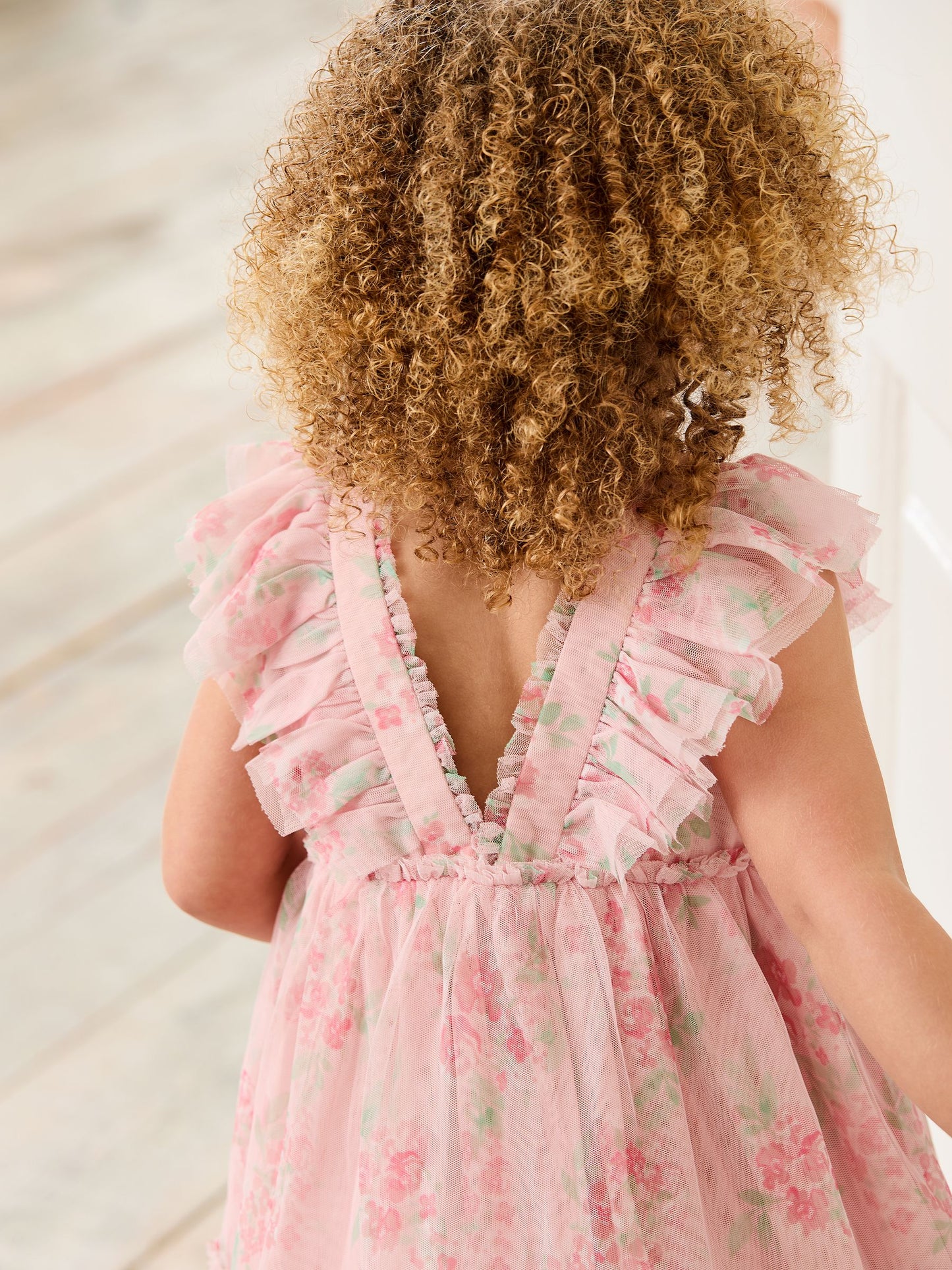 Dsiney Kidz - JoJo Maman Bébé Pink Floral Floral Ruffle Shoulder Tiered Tulle Dress image 6
