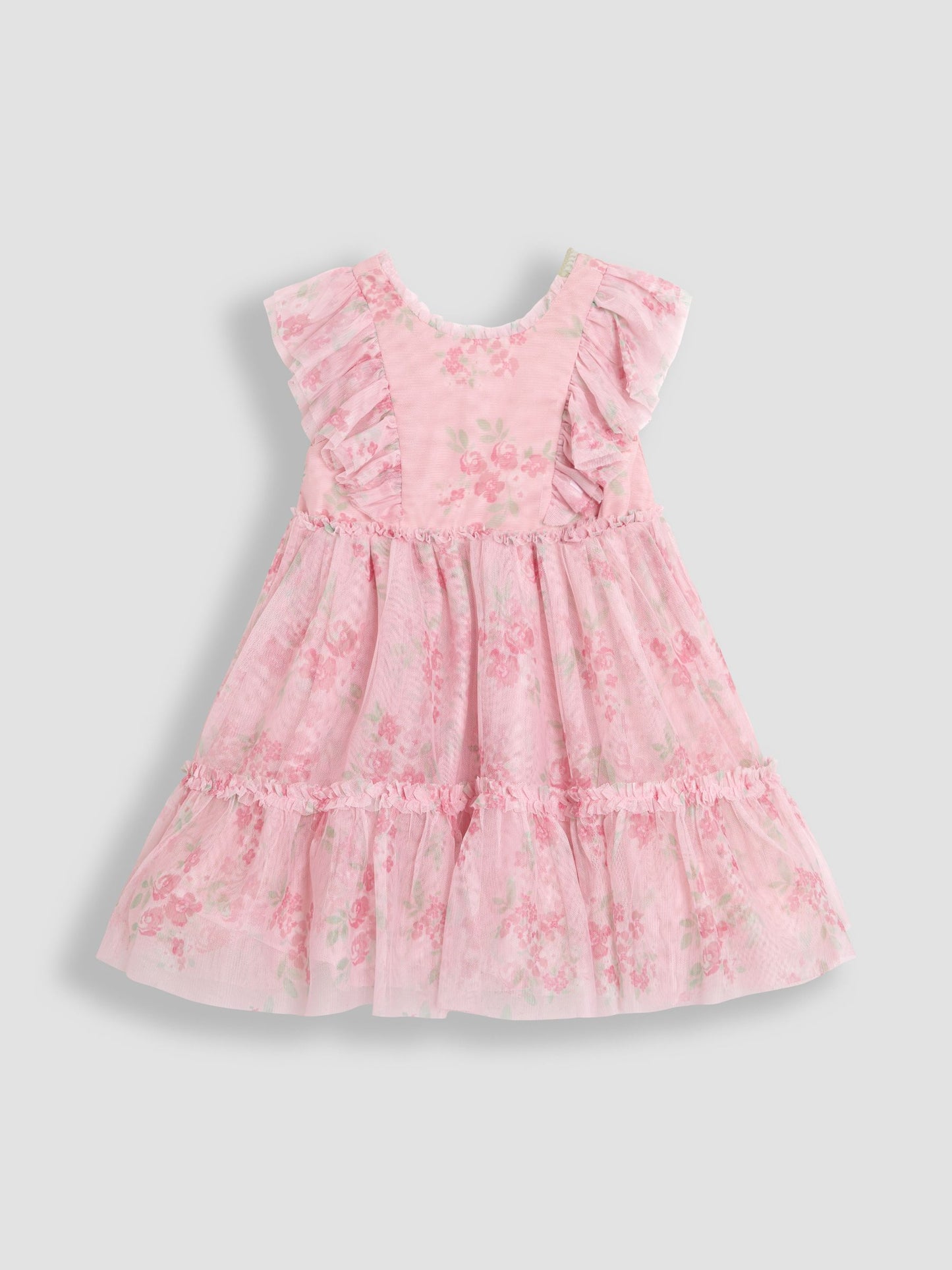 Dsiney Kidz - JoJo Maman Bébé Pink Floral Floral Ruffle Shoulder Tiered Tulle Dress image 7