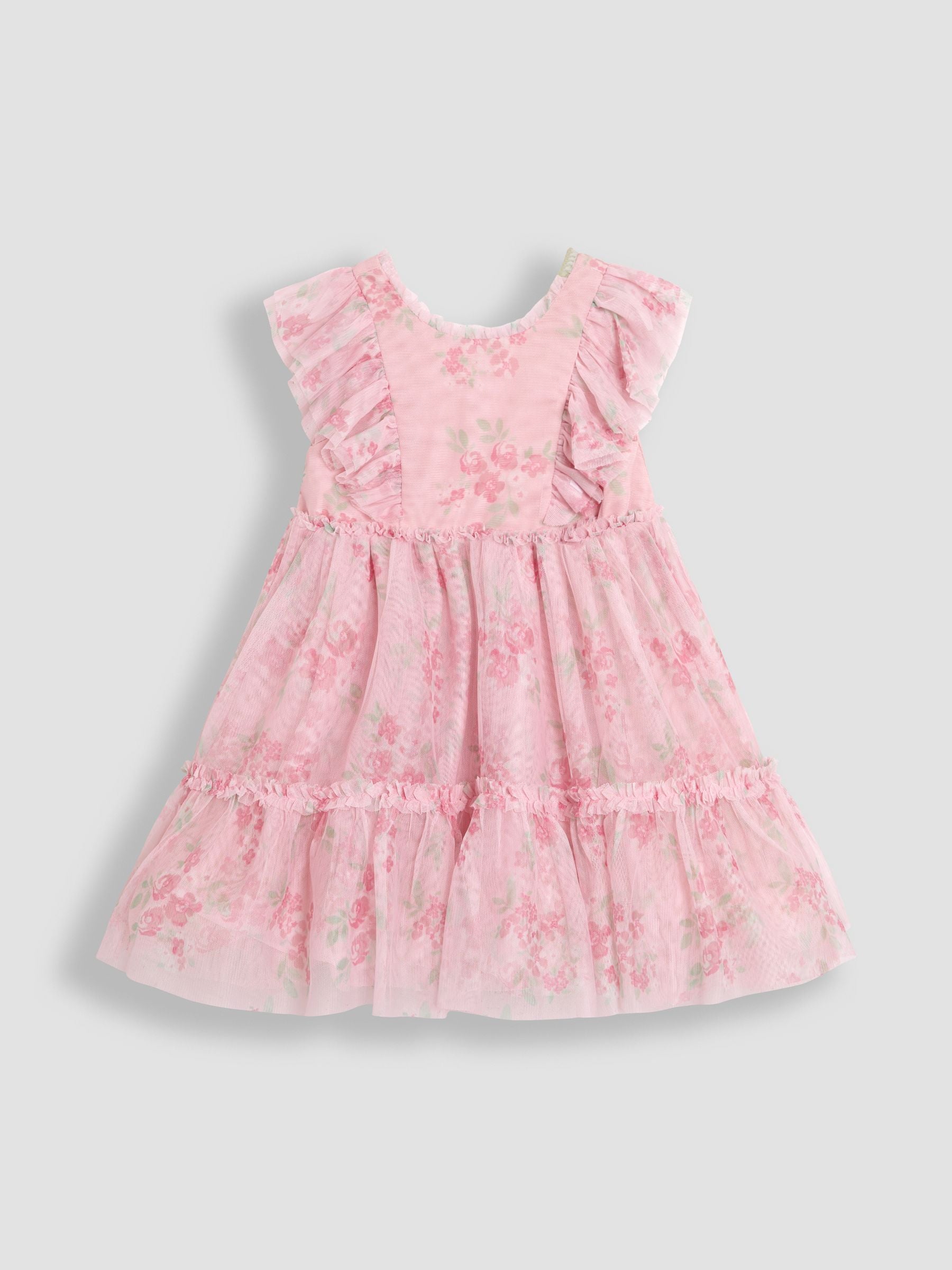 Dsiney Kidz - JoJo Maman Bébé Pink Floral Floral Ruffle Shoulder Tiered Tulle Dress image 7