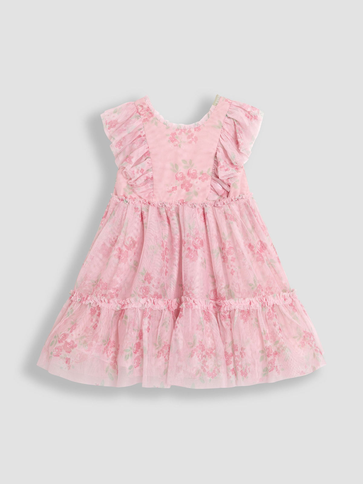 Dsiney Kidz - JoJo Maman Bébé Pink Floral Floral Ruffle Shoulder Tiered Tulle Dress image 7
