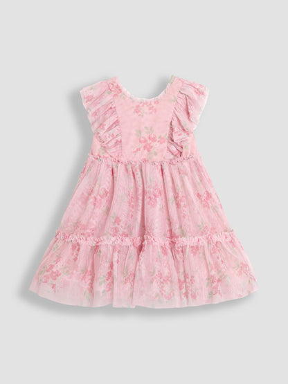 Dsiney Kidz - JoJo Maman Bébé Pink Floral Floral Ruffle Shoulder Tiered Tulle Dress image 7