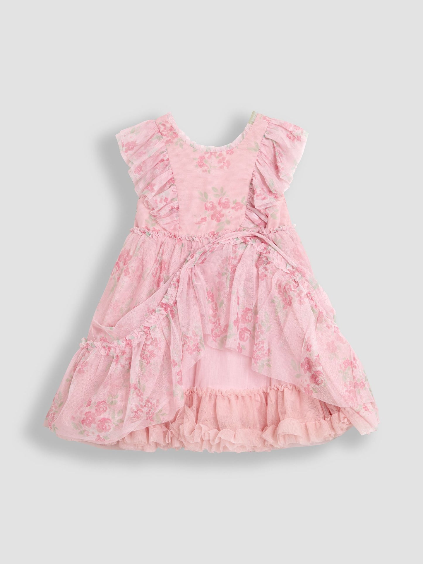Dsiney Kidz - JoJo Maman Bébé Pink Floral Floral Ruffle Shoulder Tiered Tulle Dress image 8